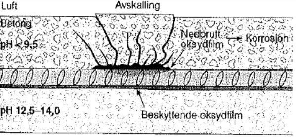 Nedbrytningsmekanismer - Trinn 3 Figur 12: Karbonatisering, trinn 3 Armeringsstålet mistet beskyttelsen og korrosjon har oppstått. Korrosjonen fortsettes dersom det er tilgang på fukt og luft.