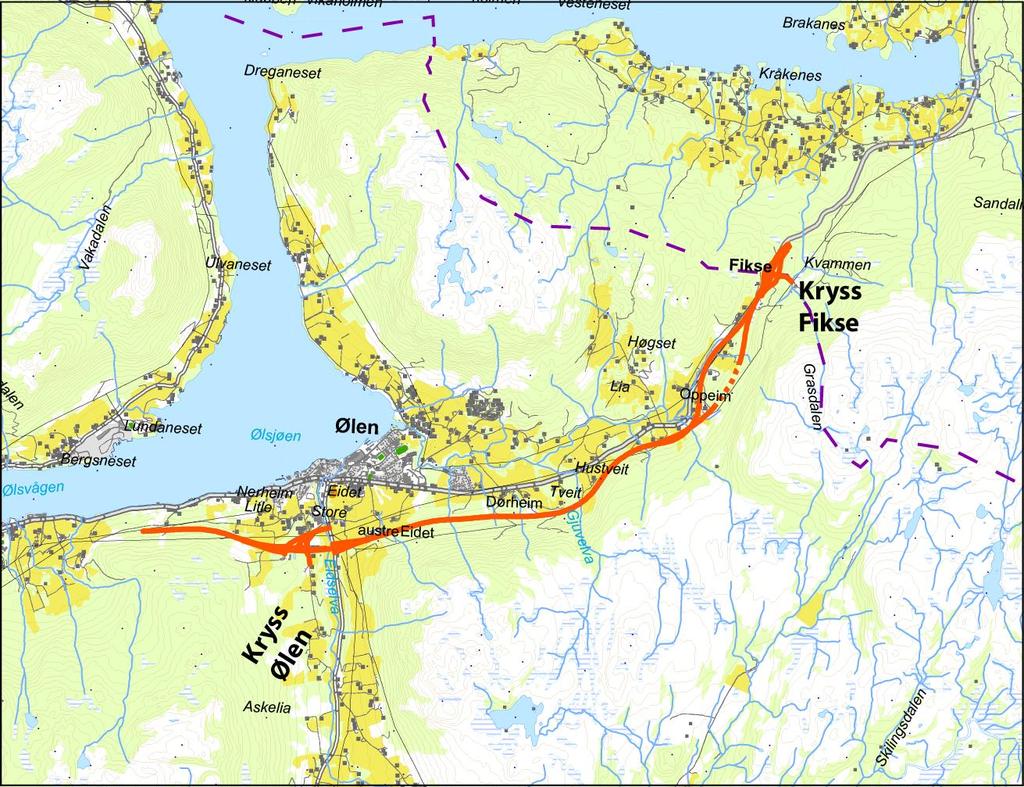 1.5.3 Delstrekning VB: Ølensvåg - Fikse Linja held fram austover frå Ølensvåg og går i lia under Kornberget fram mot Eidselva og fv. 514.