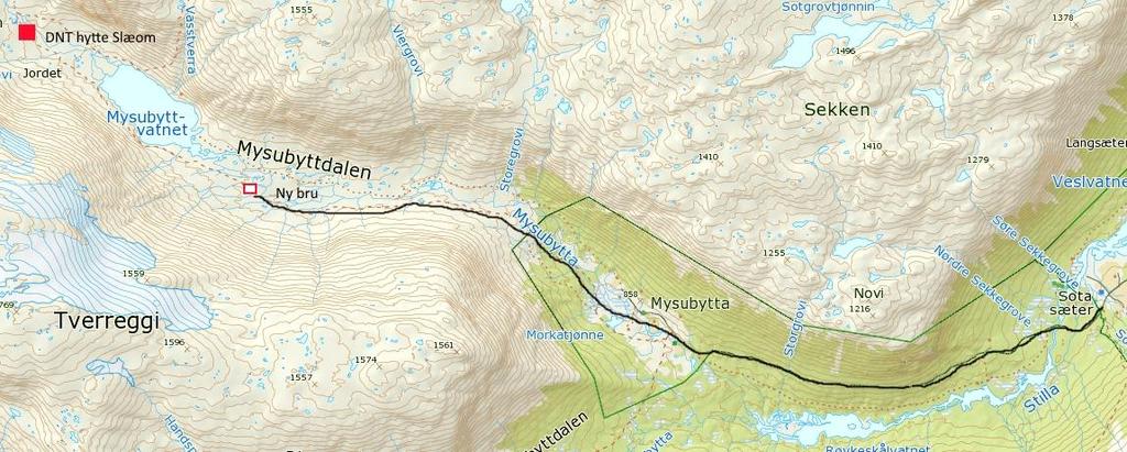 DNT Oslo og Omegn søkjer om å få bygge bru over Mitre Kupgrovi der stigen kryssar bekken på ruta frå Mysubyttsetra til DNT hytta på Slæom.