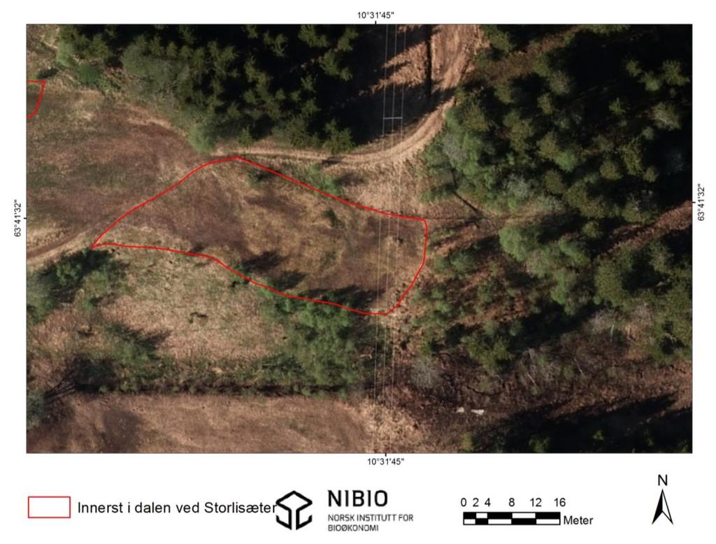 5. Innerst i dalen ved Storlisæter Figur 21. Oversikt over lokaliteten Innerst i dalen ved Storlisæter. Kartlagt slåttemark inntegnet rødt. Kartgrunnlag: Norge digitalt.