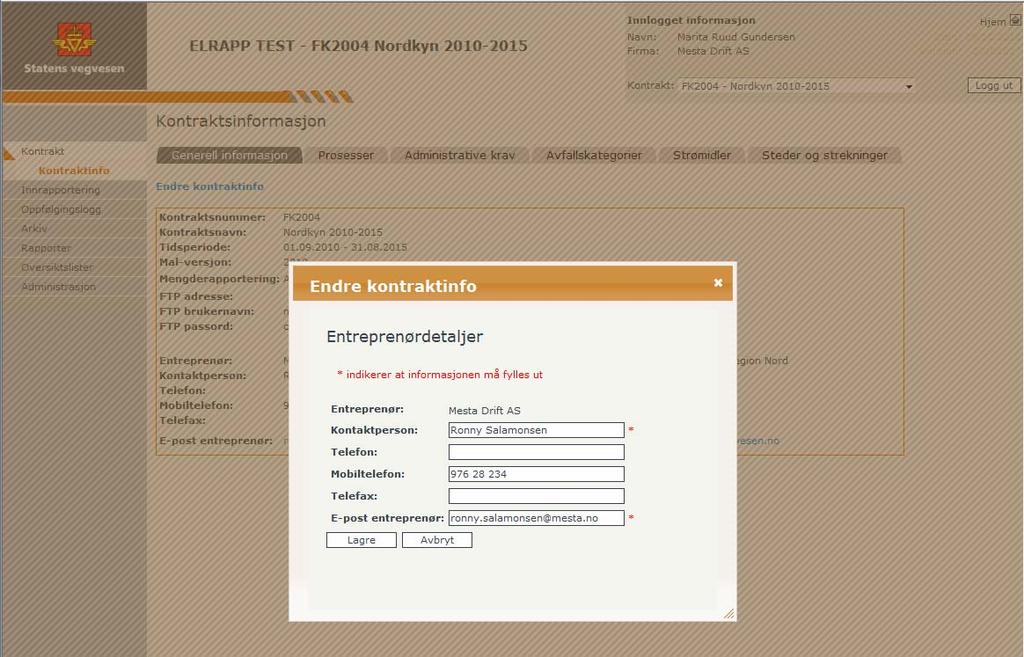 Håndbok i ELRAPP 103 DEL III - FOR ENTREPRENØRER 10.3 Kontraktsinformasjon Kontraktsinformasjon legges inn av byggeleder og/eller superbruker i Byggherremodulen og overføres til Entreprenørmodulen.