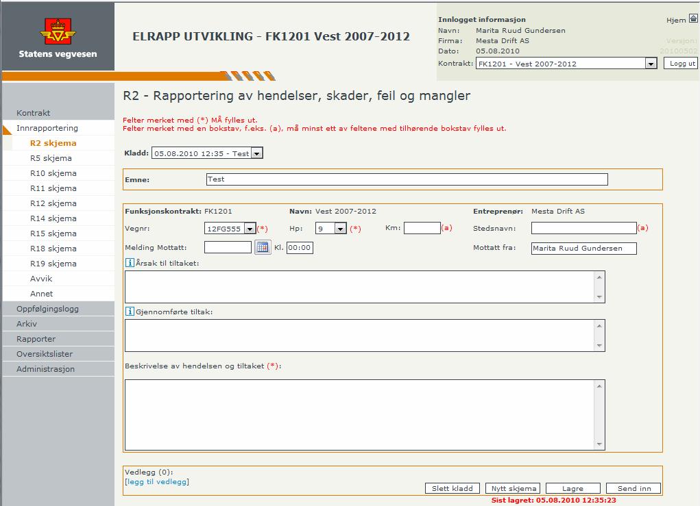 Håndbok i ELRAPP 110 DEL III - FOR ENTREPRENØRER Skjema R2 Rapportering av hendelser, skader, feil og mangler Det er mulig å lage og lagre flere kladder av R2 skjema.