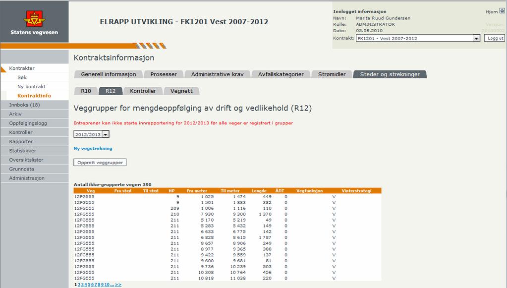 Håndbok i ELRAPP 34 Nytt for kontrakter fra og med sesongen 2010/2011 er at veggrupper opprettes automatisk ved å klikke på knappen Opprett veggrupper.