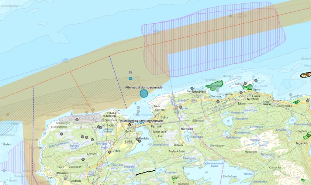 Det planlagte dumpingsområdet er plassert like i utkanten av et registrert område med passive redskap og utenfor registrert område med aktive redskap (kystnære fiskeridata registrert i