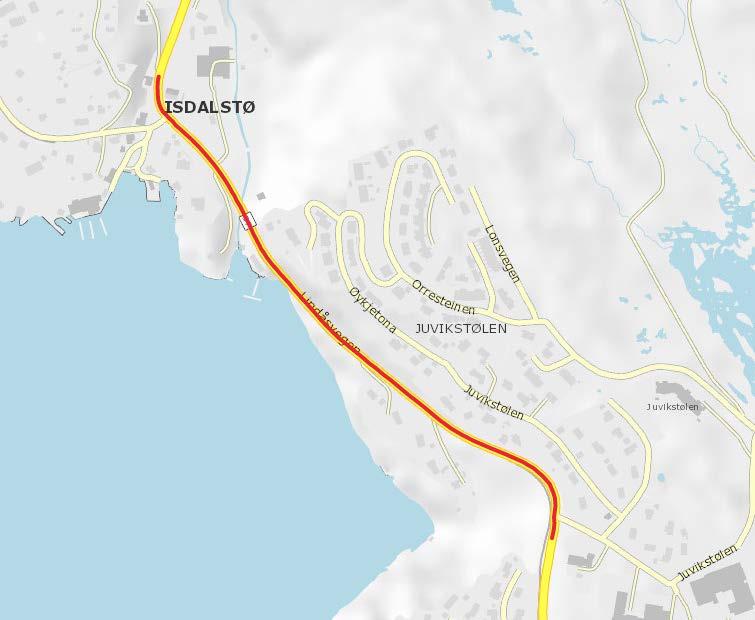 Lindås kommune Godkjent - 06.04.2017 Side 34 (107) FV 57 Knarvik- Isdalstø Strekning på FV. 57 frå Knarvik til Isdalstø er klassifisert både som ulykkespunkt og ulykkesstrekning.