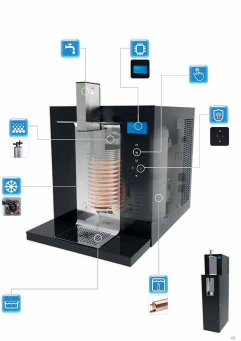9 DRIKKEVANNSKJØLERE Justerbart vannuttak 2-fargers display Touch screen control panel Sikkerhetsbryter varmt vann CO2 enhet Isbank Avtagbar drypprenne med avløp Varmtvannstank Versjon ACHWG TEKNISKE