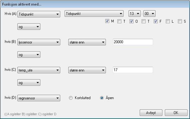 Funksjon aktivert med kan ha fra 0 til 4 kriterier og du kan velge om alle, eller kun noen av kriteriene må være oppfylte for at innstillingen skal aktiveres.