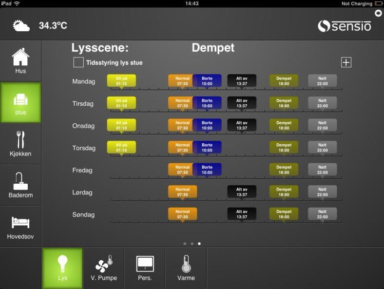 12 Varmeside sone Her finner du varmestyringen for sonen. Du justerer temperaturscenene ved å dra i dem. Scenen som er lysegrå er aktiv. Faktisk temperatur viser faktisk temperatur i sonen.