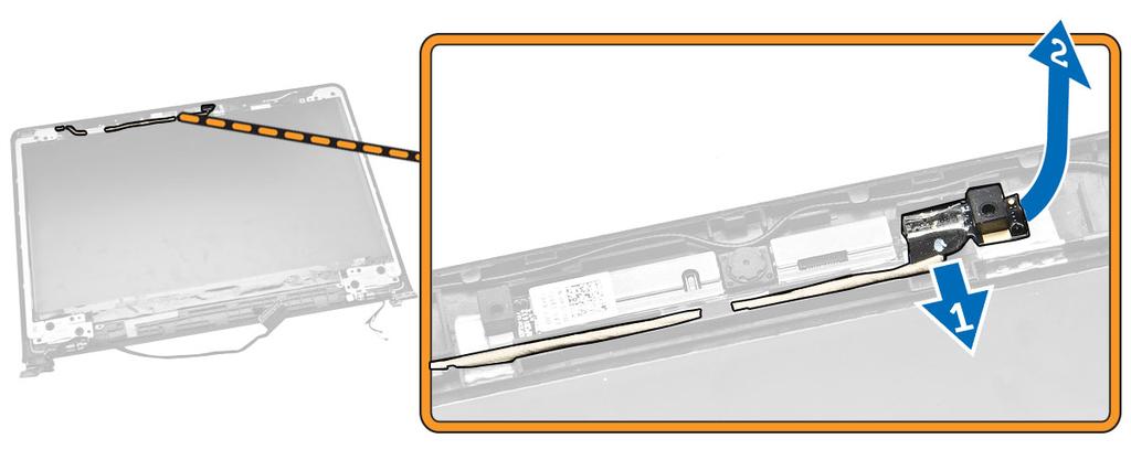 b. Batteri c. Skjermramme 3. Utfør følgende trinn, som vist på illustrasjonen: a. Koble kamerakabelen fra kontakten på kameramodulen [1]. b. Løft og ta kameraet ut av skjermenheten [2].