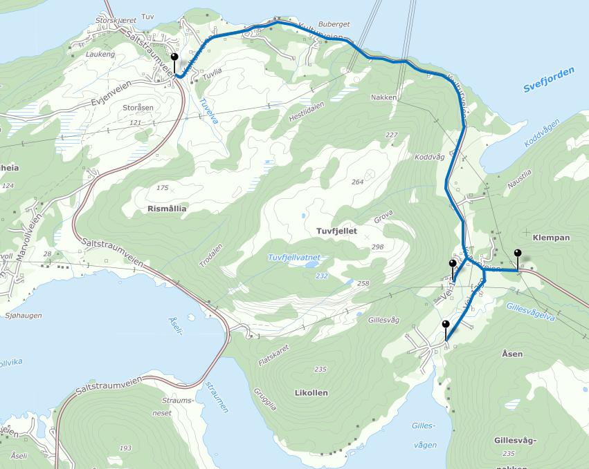 Ny vannledning langs fv.812 fra krysset ved fv.17, (Tuv, avkjørsel til Misvær) og frem til Gillesvåg. Fig. 1 Alt.1 Vannledning langs fv. 812 med tilknytning kommunalt ledningsnett ved Tuv/fv.