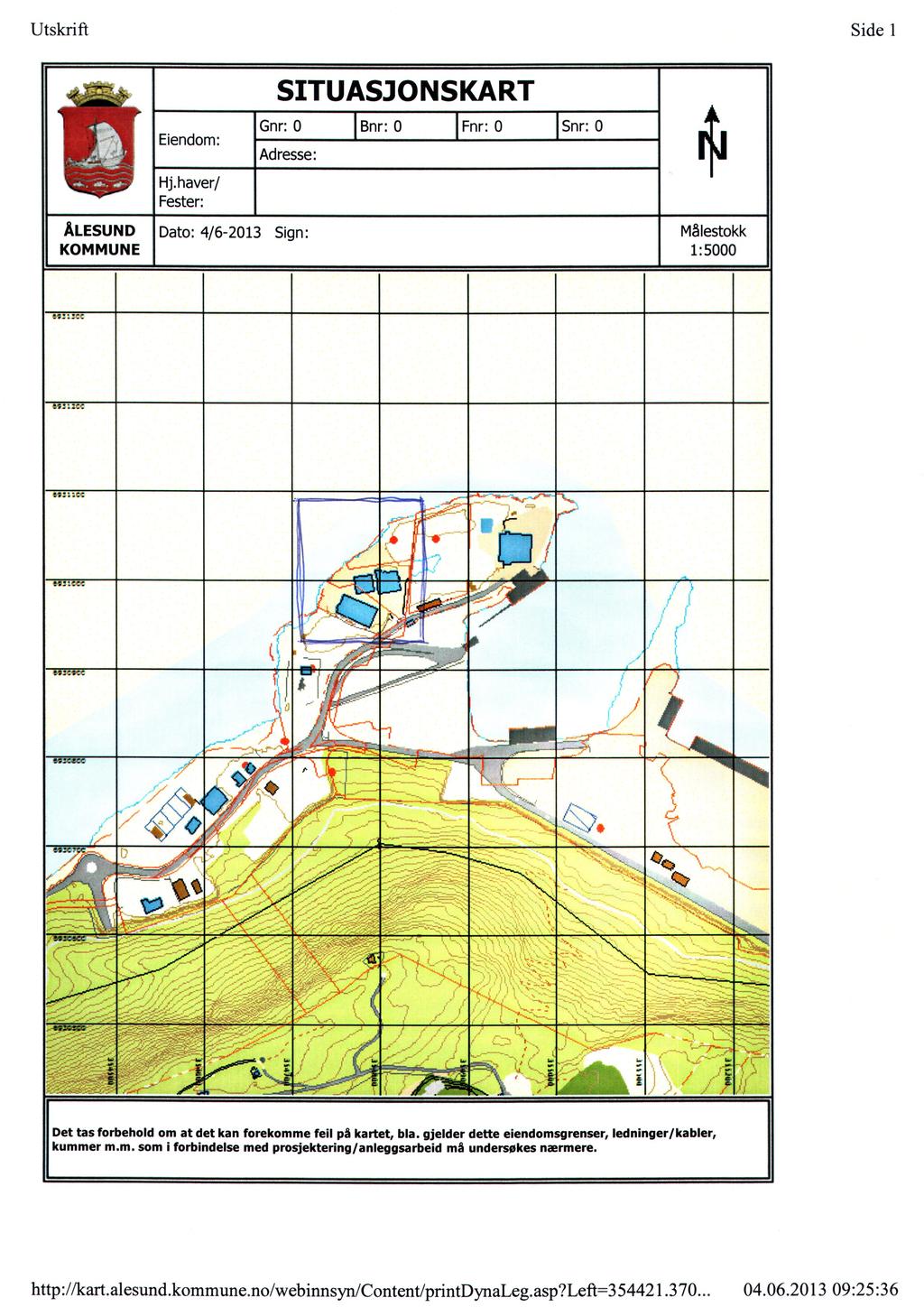 Utskrift Side 1 SITUASJONSKART Eiendom: Gnr: 0 Bnr: 0 Fnr: 0 Snr: 0 Adresse: Hj.haver/ Fester: ÅLESUND KOMMUNE rtj Målestokk 1:5000 Dato: 4/6-2013 Sign: ws.