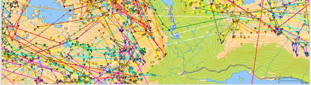 no og syner posisjonar frå GPS-merka dyr. Av dette ser ein at dyr mellom anna har kryssa mellom planlagd inntak og kraftstasjon.