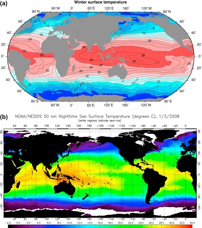 (a) Surface temperature ( C) of the oceans in winter (January, February, March north of the equator; July, August, September south of the equator) based on averaged (climatological) data from Levitus