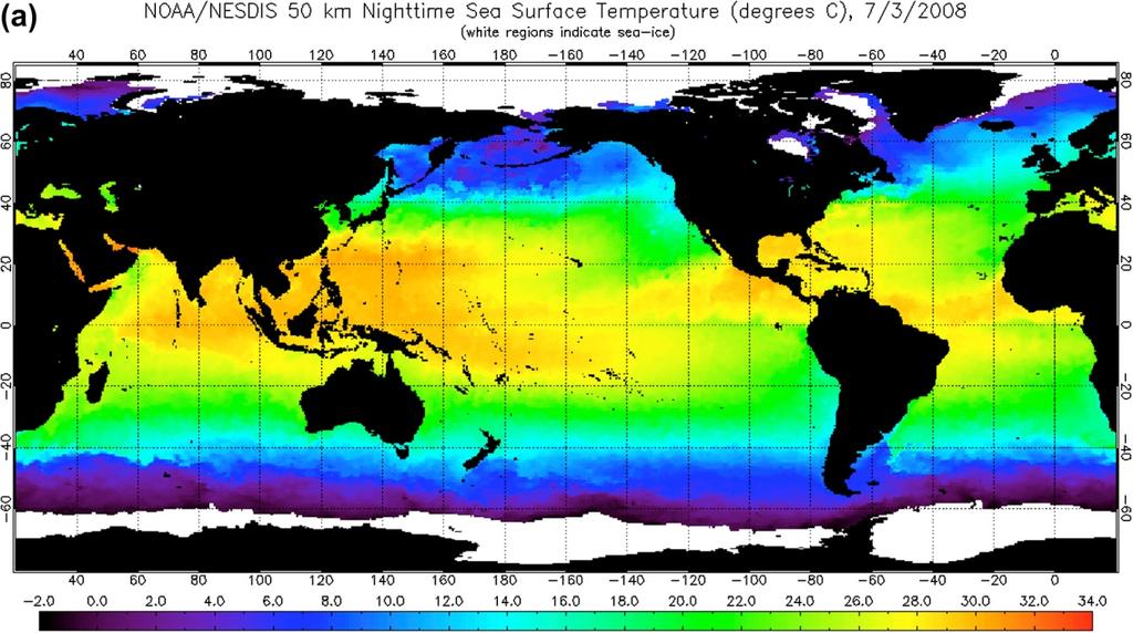 Satellite infrared sea-surface temperature (ºC; nighttime only), averaged to 50 km and 1 week, for (a) July 3, 2008 (austral winter) (b) January 3, 2008 (also Figure 4.