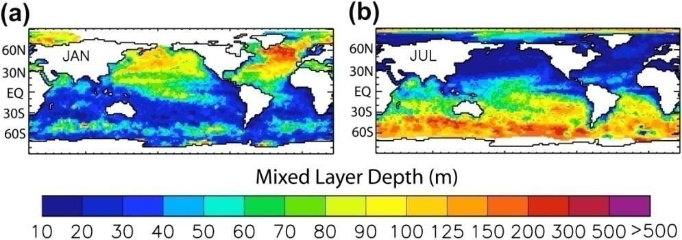 Mixed layer depth in (a) January and (b) July, based on a temperature difference of 0.2 C from the nearsurface temperature.