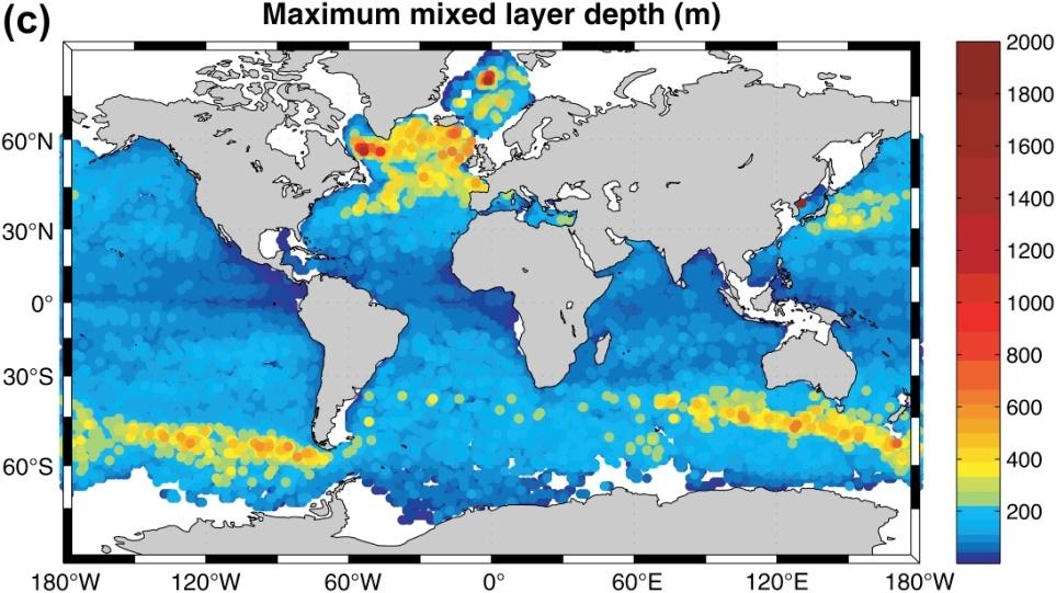 (c) Averaged maximum mixed layer depth, using the 5 deepest mixed layers in 1 1 bins from the Argo profiling float data