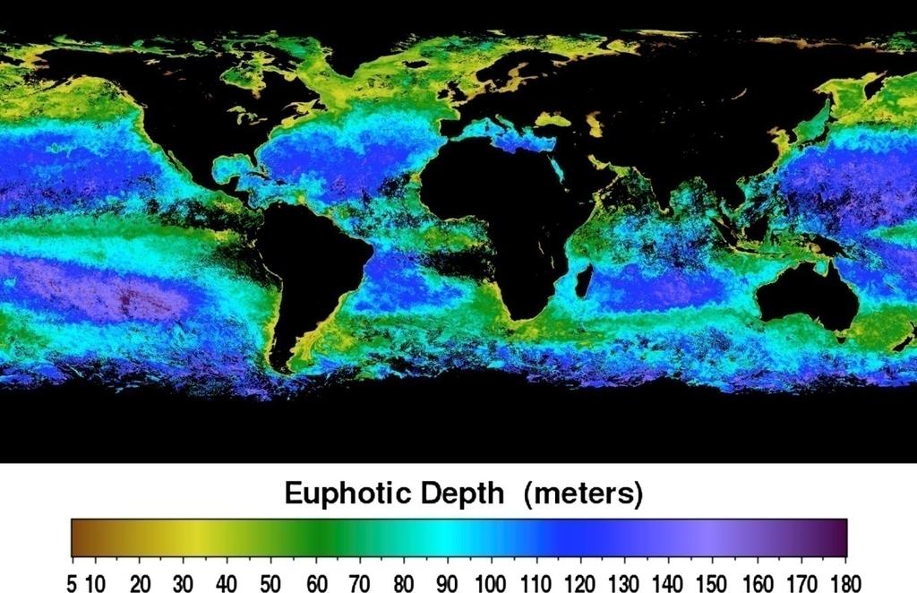 FIGURE 4.29 Euphotic zone depth (m) from the Aqua MODIS satellite, 9 km resolution, monthly composite for September 2007.