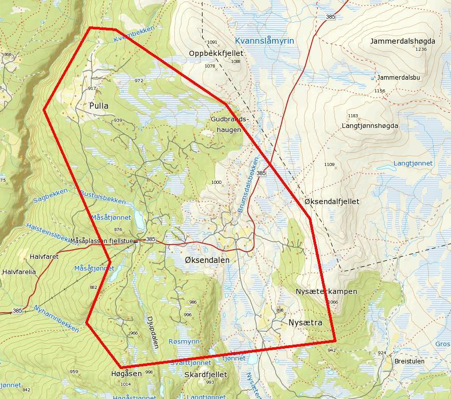 Ill: Pulla-Måsåplassen-Øksendalen-Nysetra - området Reduksjon av nye byggeområder til 3.gangs høring og endret planreserve: I planforslaget til 2.