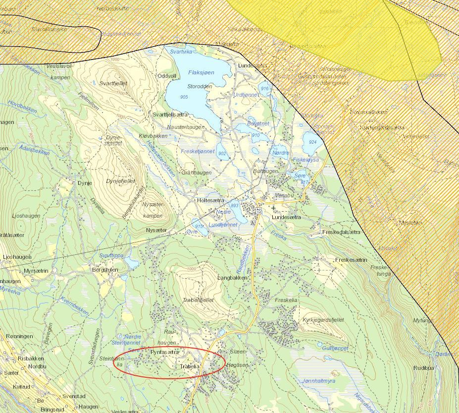 Ill: Venabygdsfjellet, gult område viser kalvingsområde, skravert område viser barmarksbeite (Naturbase 07.12.2015).