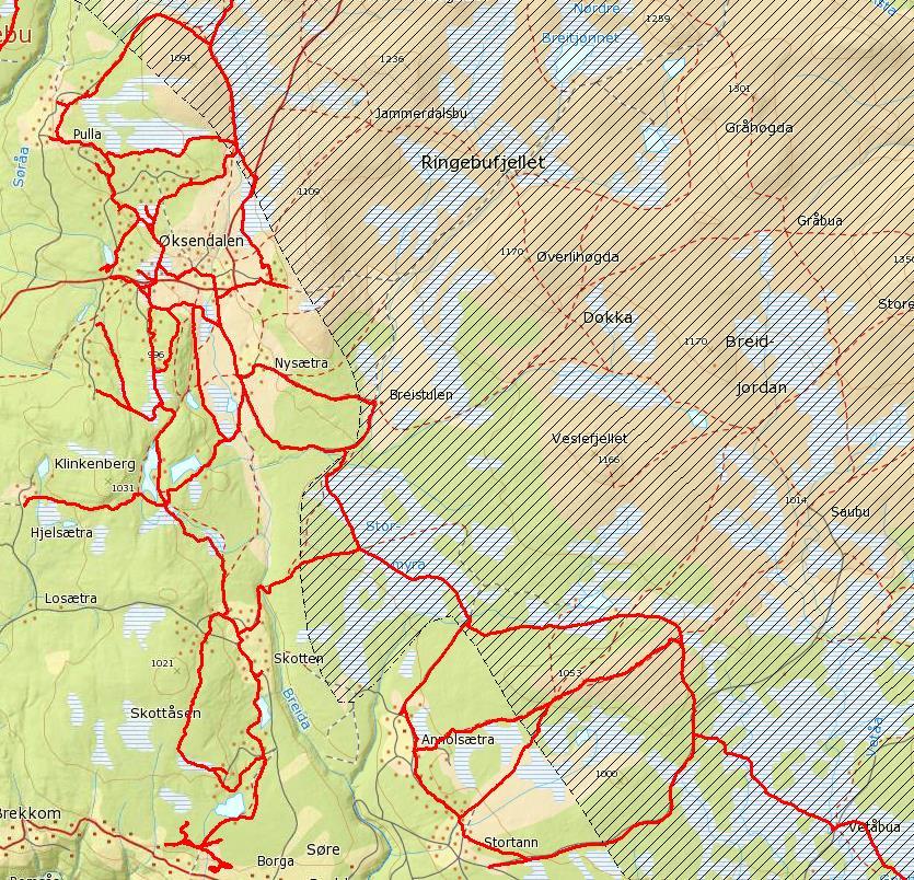Ill: Skiløypenett mellom Måsåplassen, Øksendalen og Skotten. Skravert areal er villreinens leveområde jfr Regional plan for Rondane Sølnkletten.