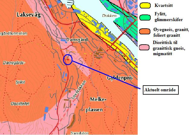 Figur 2: Berggrunnskart for aktuelt område (www.ngu.no). Sprekkeforhold Det er ikke gjennomført noen detaljert sprekkekartlegging i det aktuelle området, men det er registrert 4 sprekkesystemer.