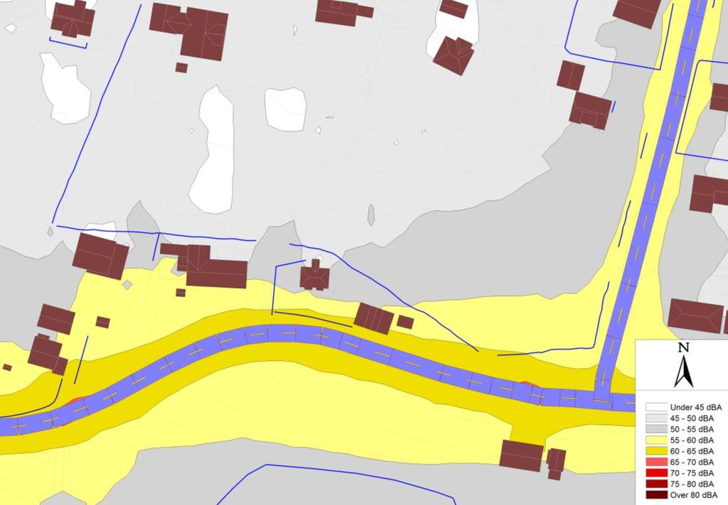 5 RESULTATER 5.1 DØGNVEID EKVIVALENT LYDNIVÅ (L DEN ) Figur 2 viser beregnet lydnivå (L den ) 4 meter over terreng. Figur 2: Støysituasjon.