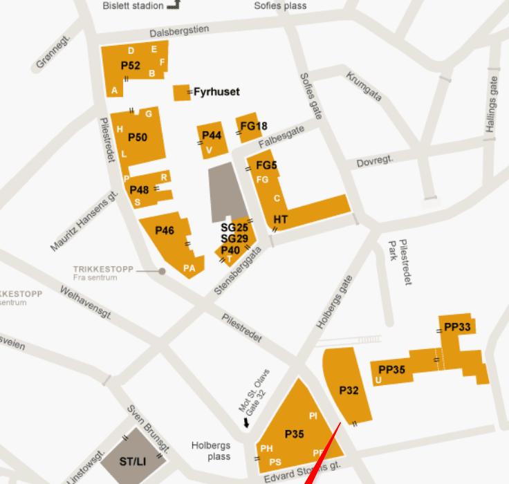 Kart over campus Orientering i bygget P35 (betyr Pilestredet 35) er delt i soner og etasjer. Systemet er enkelt. PI.