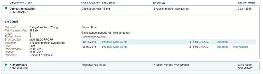 Figur 1 Kollapset visning Figur 2 Ekspandert visning Her fremheves virkestoffnavnet og utleveringene med produktnavn er underordnet.