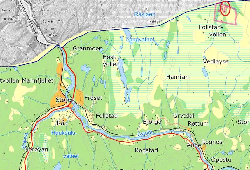 Figur 1 over deler av Midtre Gauldal kommune. Det aktuelle planområdet er markert med rød sirkel.