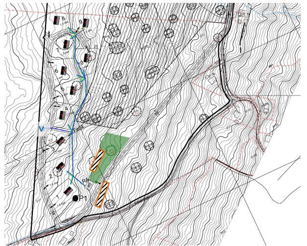 17 Felt 4 Vannforsyning Som Figur 14 viser er det avsatt plass for vannforsyningsanlegg for felt 4, merket med V. Det etableres brønn i forbindelse med bygget.