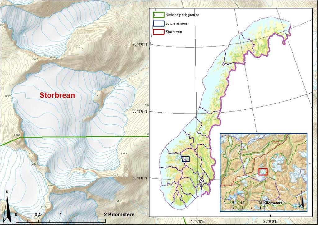2. Studieområdet Storbrean er plassert i Jotunheimen som ligger på overgangen mellom østlig og vestlig fjellmiljø sentralt i den delen av den kaledonske fjellkjeden som i Norge strekker seg