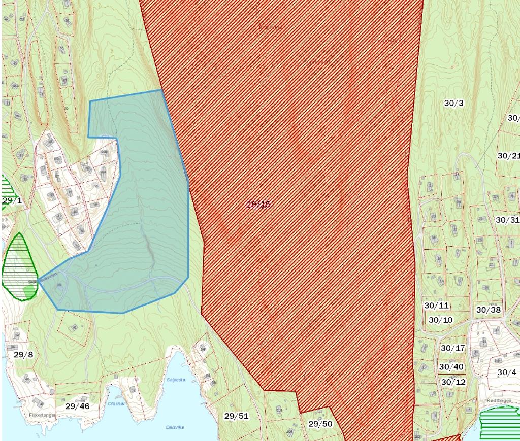 Figur 1: Kart som viser undersøkelsesområdet (blå avgrensning), naturreservatet (rød skravur) og registrerte naturtyper (grønn skravur). Kartet er tilsendt fra oppdragsgiver.