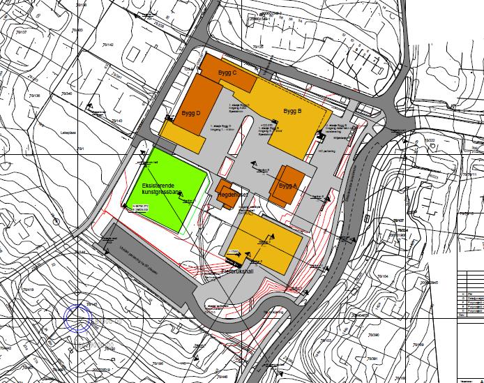 Figur 1 Situasjonsplan for skolen og flerbrukshallen.