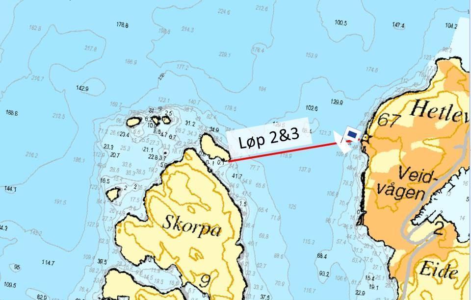 Ved runding Skorpo Mållinje mellom sydspissen av holme NØ for Skorpo og Hauglandsosen lykt