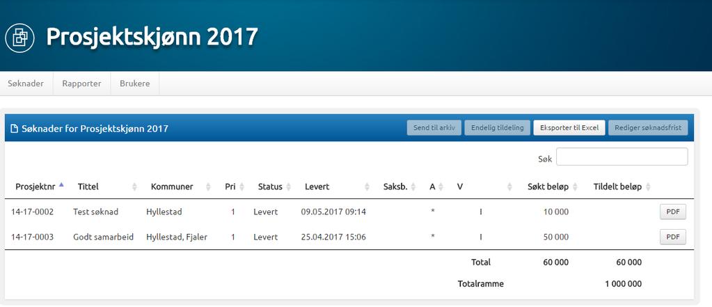 (figur 27) Fylkesmannen les kan sjå oversikt, og hente ut excel-rapport over søknader og rapportar.