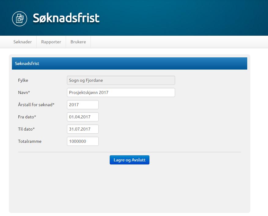 (obligatorisk) - Til dato (obligatorisk) - Totalramme (Valfri) Hugs å klikke «Lagre og