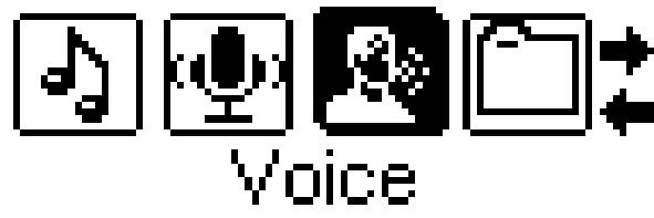 Å spille av stemmeinnspillinger 1. Trykk og hold -knappen for å gå inn i Hoved-menyen. 2. Trykk -knappene for å velge Stemme. Trykk så -knappen for å vise følgende skjerm.