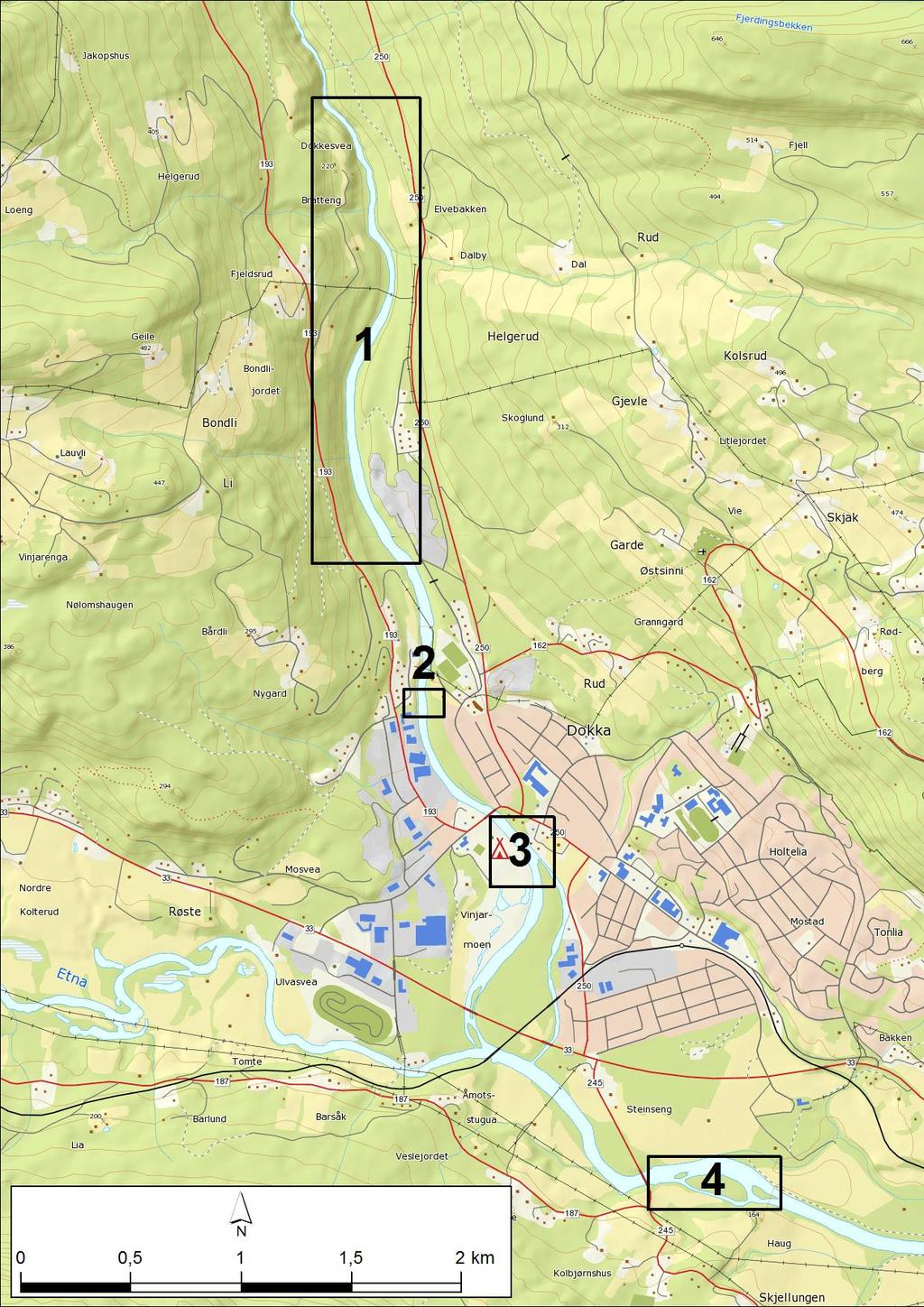 Figur 3: Strekninger i Dokka elv og Dokka-Etna undersøkt ved