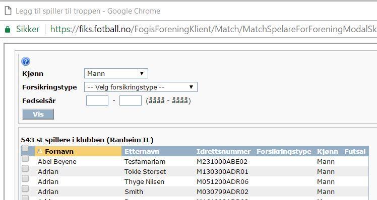 Velg «Fotballtropp». Hvis du ikke har lagt inn spillere her før vil troppen være tom. Velg da «Legg til spiller». Du vil da få en oversikt over alle klubbens spillere.