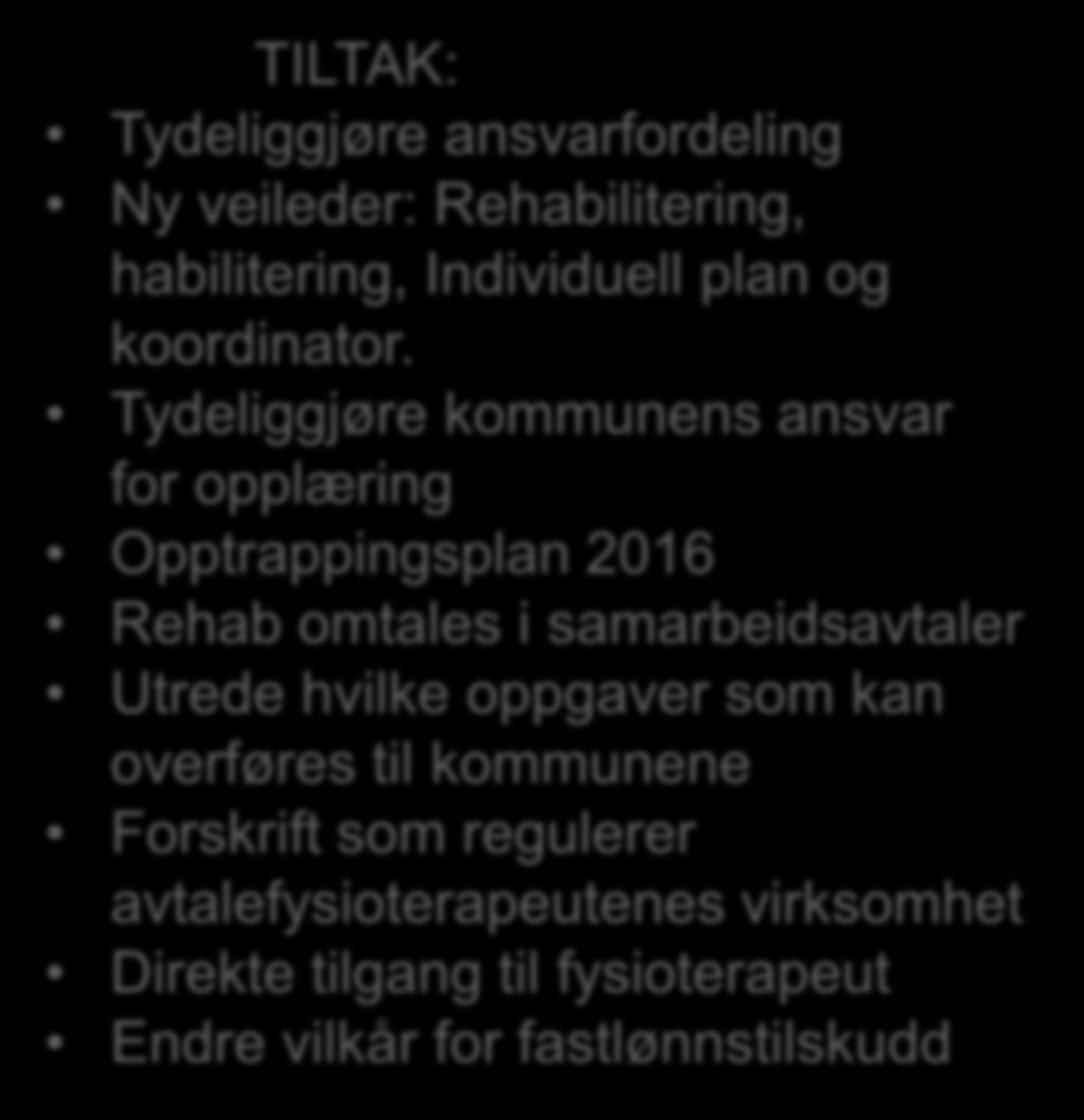 spesialisthelsetjenesten Kommunens ansvar for opplæring og mestringstilbud i lov er ikke tydelig TILTAK: Tydeliggjøre ansvarfordeling Ny veileder: Rehabilitering, habilitering,