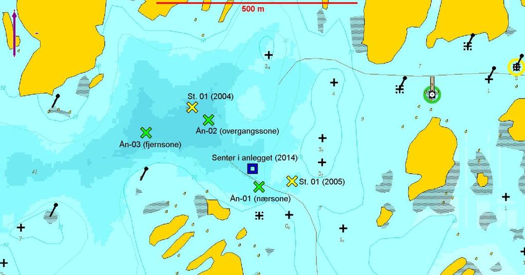 Kart kilde: Fiskeridirektoratet og Olex. Figur 2.2: Kartutsnitt viser plassering av undersøkte stasjoner ved lokaliteten Ånnaholmane, februar 2014; stasjoner angitt med grønne kryss.