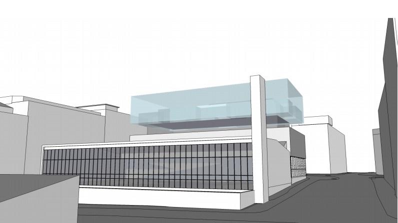 Her synliggjøres også forskjellen mellom et påbygg på tre og fire etasjer. Figur 8. Forslagsstillers illustrasjon som viser prosjektet med tre etasjer til venstre og fire etasjer til høyre. Figur 9.