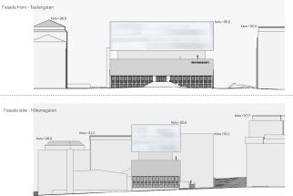 (Se vedlegg D med oppsummering merknader.) Figur 2. Forslagsstillers illustrasjon som viser prosjektet med tre etasjer til venstre og fire etasjer til høyre. Figur 3.