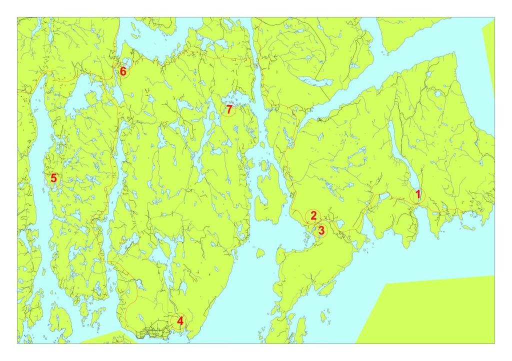 Undersøkte vassdrag Det ble valgt ut 7 lokaliteter på bakgrunn av beliggenhet, størrelse og tilknyttet arealbruk (Se kart). 1. Hinderåvåg 2. Muslandsvågelva 3. Bekk fra Skorpevatn 4. Årvikelva 5.