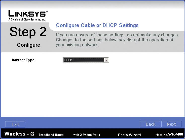 Del 2: Konfigurere tilkoblingstype 1. Velg hvilken tilkoblingstype som passer din tilkobling. Er dette ukjent, så velg DHCP fra nedtrekksmenyen.
