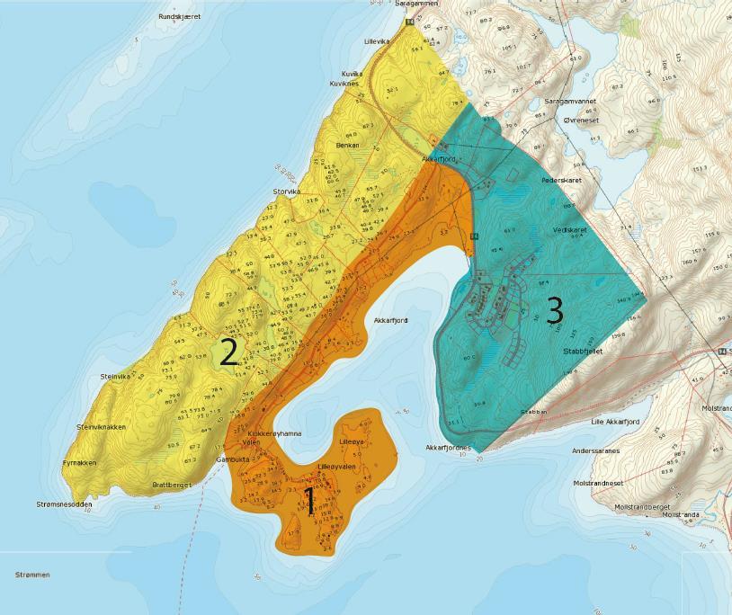 12 (22) Figur 7. Oversikt over delområder Delområde 1: Delområdet omfatter sørlige del av Strømsnes, Klokkarøy og innerste del av Akkarfjord.