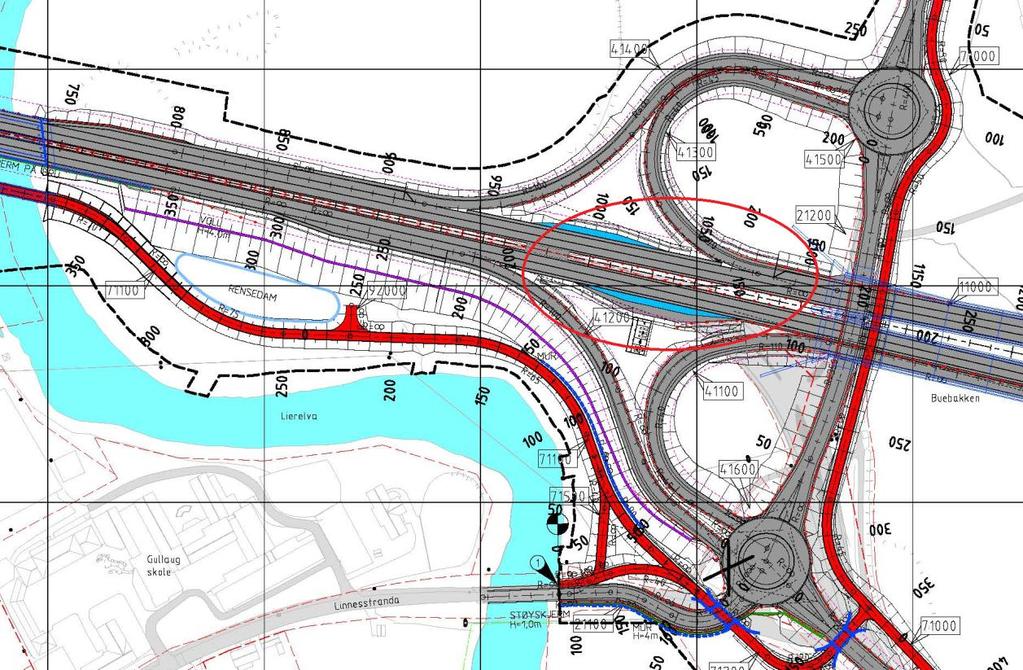 Kryssingsfeltet må plasseres mellom tunnelmunningen og av/påkjøringsfeltene på Linnessiden (rød ring).