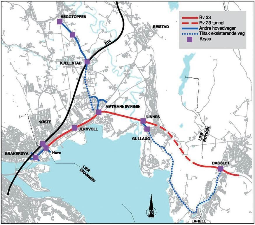 Kartet viser ny Rv 23 Linnes-Dagslet (rød), samt avlastet veg (blå).