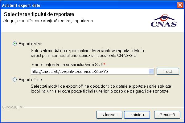 Figura 5.2.18-4 Selectarea tipului de export online/offline 5.1.18.25.2.18.2 Raport pentru luna intreaga Utilizatorul selecteaza Tipul de raportare din lista, apoi apasa butonul Inainte.