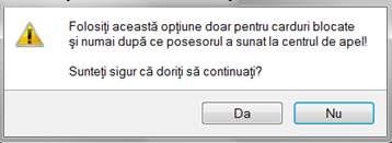 Cardul va fi deblocat de către personalul Centrului de apel doar cu modul Resetare PIN. După confirmarea deblocării cardului, utilizatorul va continuă fluxul de deblocare din aplicaţia SIUI-SPITAL.